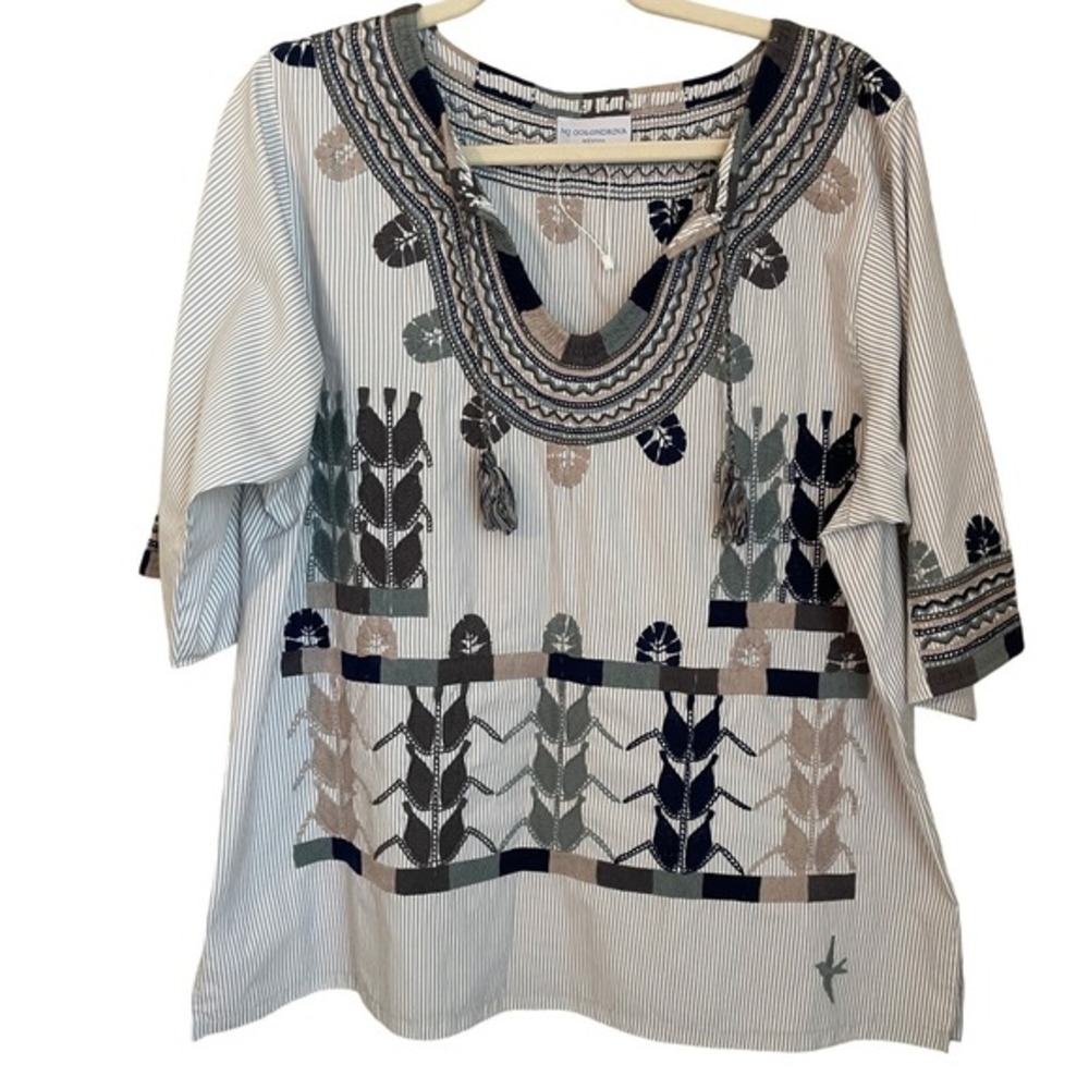 Mi Golondrina Size L Embroidered Striped‎ Poplin Boho Tunic Popover Top NWOT